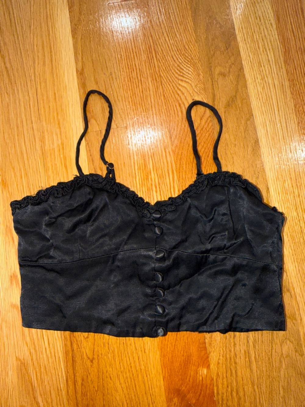 Zara Black Textured Top with Ruffle Trim